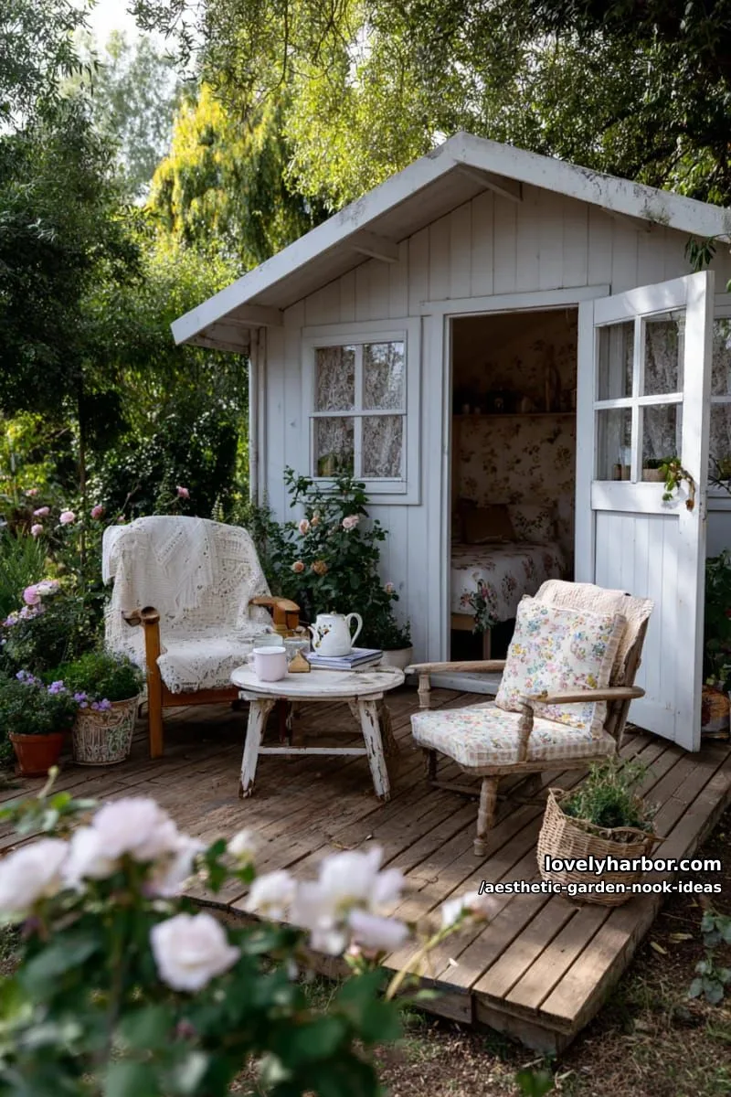 15 Aesthetic Garden Nook Ideas to Inspire Your Outdoor Escape 22 cottagecore shed retreat with floral wallpaper and mismatched furniture 1
