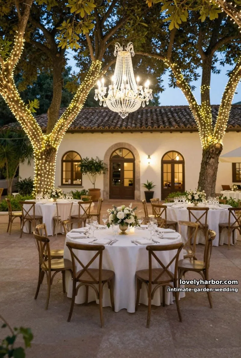 courtyard event at dusk, fairy lights, crystal chandelier, round tables, historic building 1