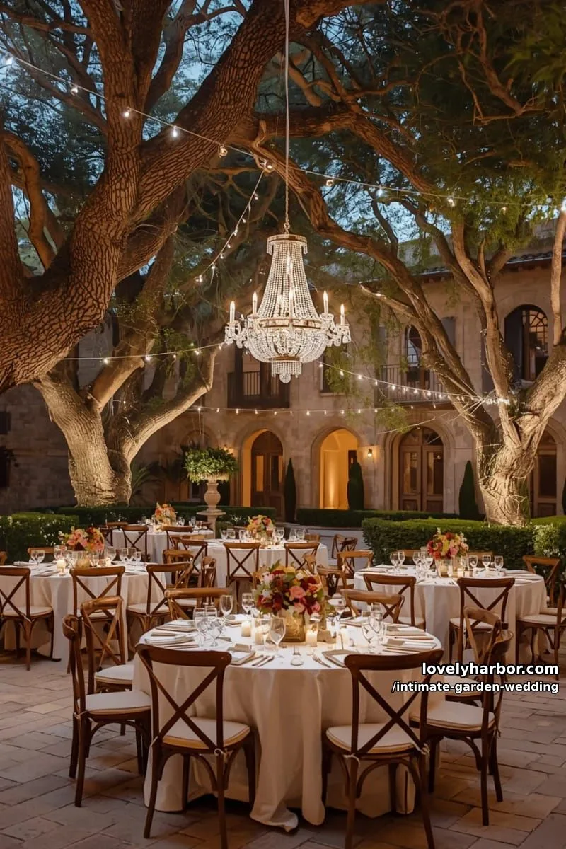 courtyard event at dusk, fairy lights, crystal chandelier, round tables, historic building 1