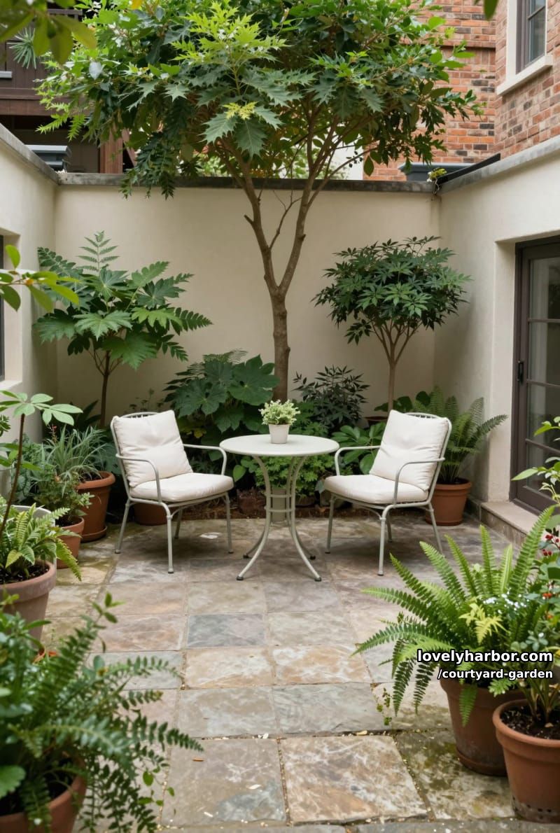 courtyard garden with stone floor, metal chairs, and tree canopy 1