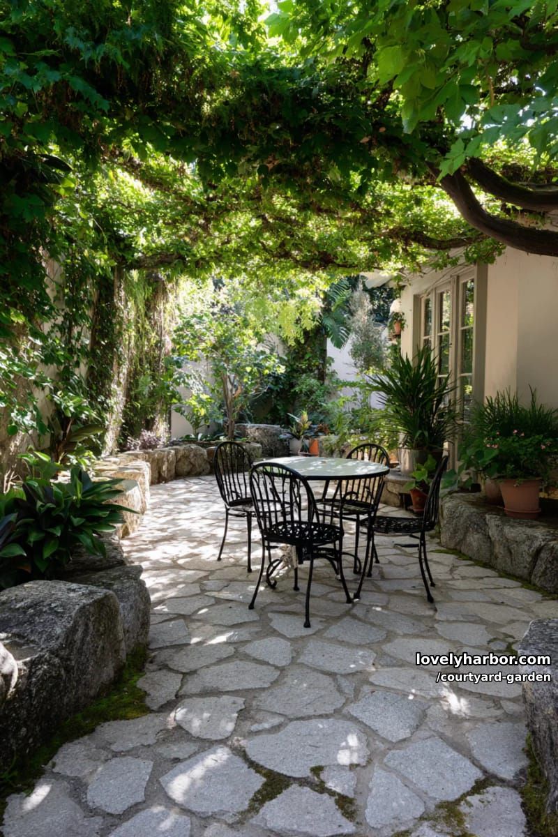 courtyard garden with stone floor, metal chairs, and tree canopy 1