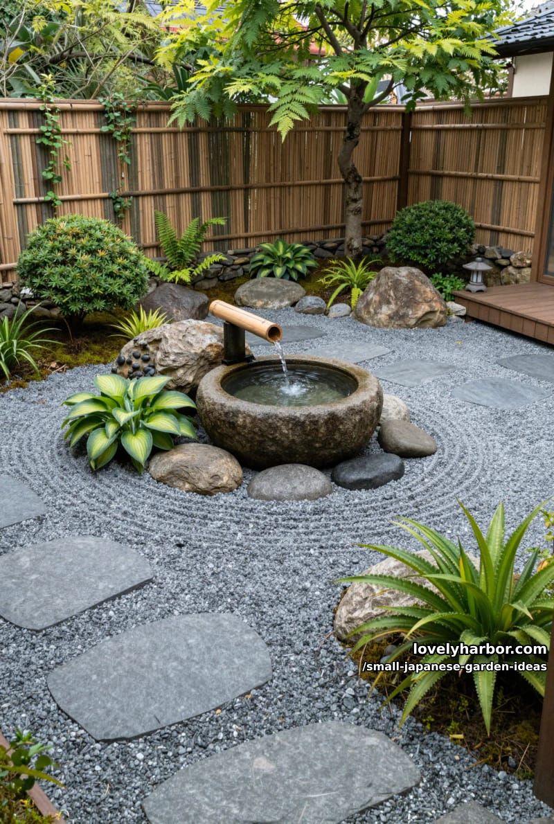 courtyard japanese garden with bamboo spout, water basin, gravel, and stepping stones. 1