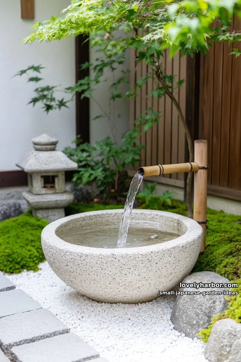 courtyard japanese garden with bamboo spout, water basin, gravel, and stepping stones. 1