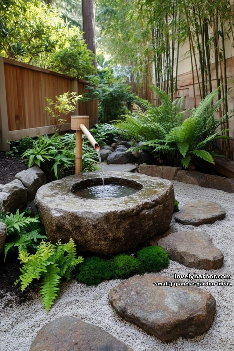courtyard japanese garden with bamboo spout, water basin, gravel, and stepping stones. 1