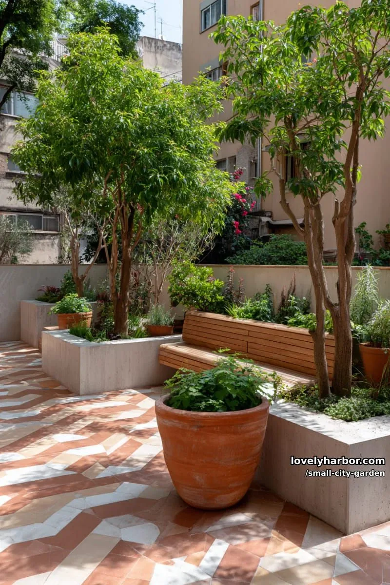 20 Small City Garden To Transform Your Space 25 courtyard with tiled flooring, concrete planters, slender trees, and terracotta pot. 1