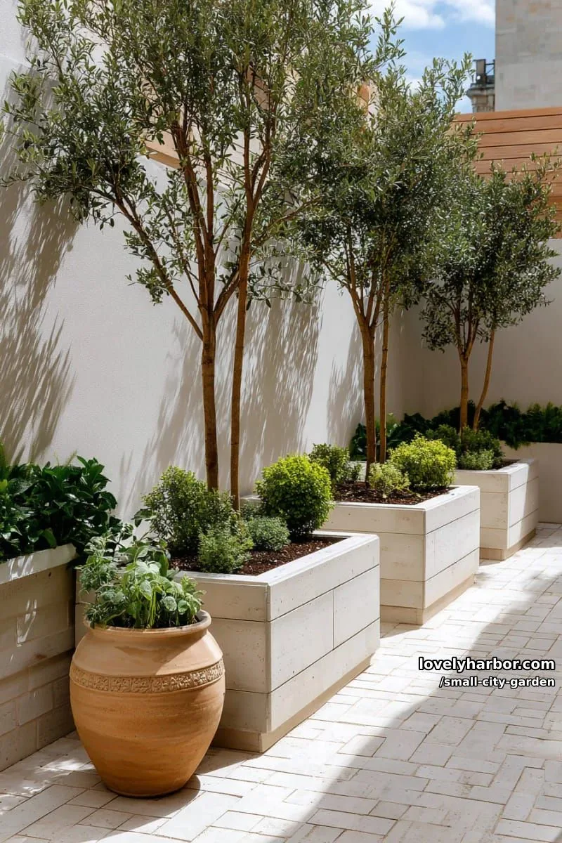 20 Small City Garden To Transform Your Space 26 courtyard with tiled flooring, concrete planters, slender trees, and terracotta pot. 1