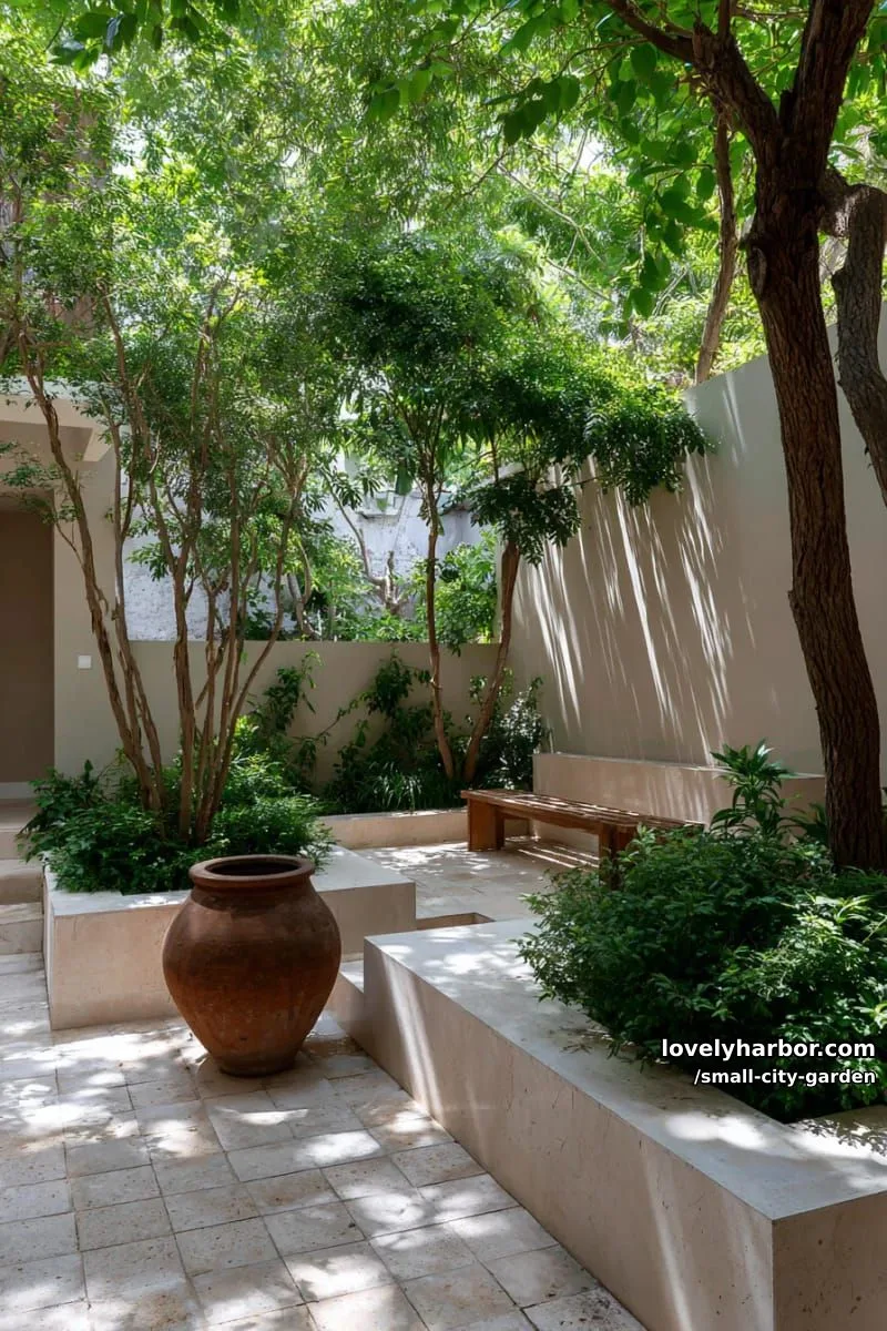 20 Small City Garden To Transform Your Space 27 courtyard with tiled flooring, concrete planters, slender trees, and terracotta pot. 1