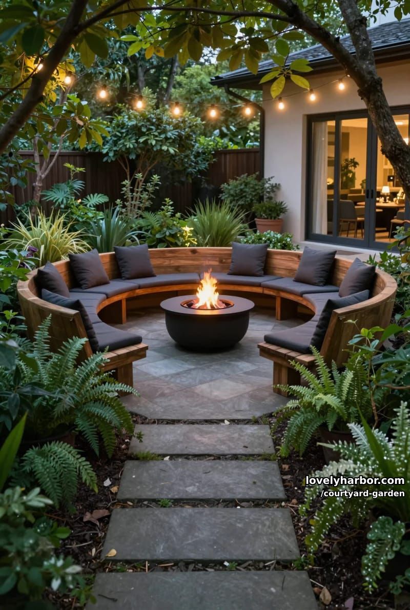 cozy backyard garden with fire pit, string lights, and lush foliage 1