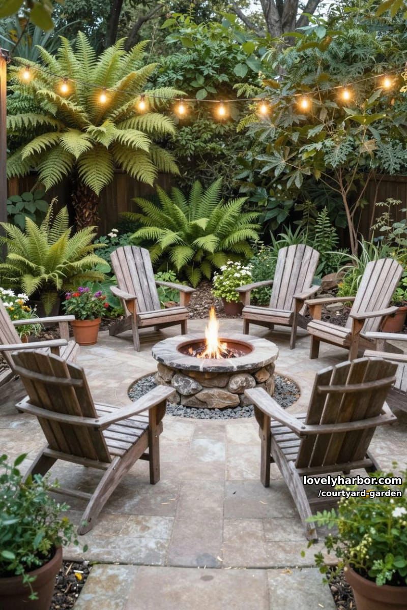 cozy backyard garden with fire pit, string lights, and lush foliage 1