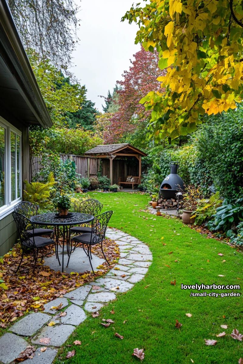 20 Small City Garden To Transform Your Space 3 cozy backyard garden with stone path, metal table, pergola, and dense foliage. 1
