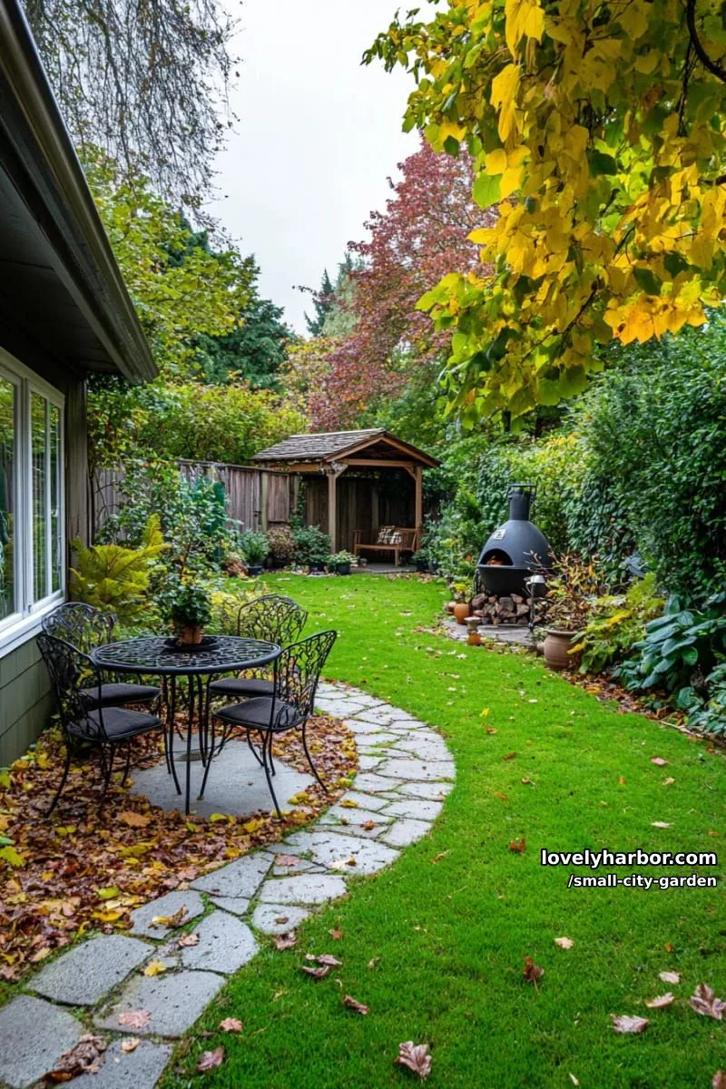 20 Small City Garden To Transform Your Space 2 cozy backyard garden with stone path, metal table, pergola, and dense foliage. 1