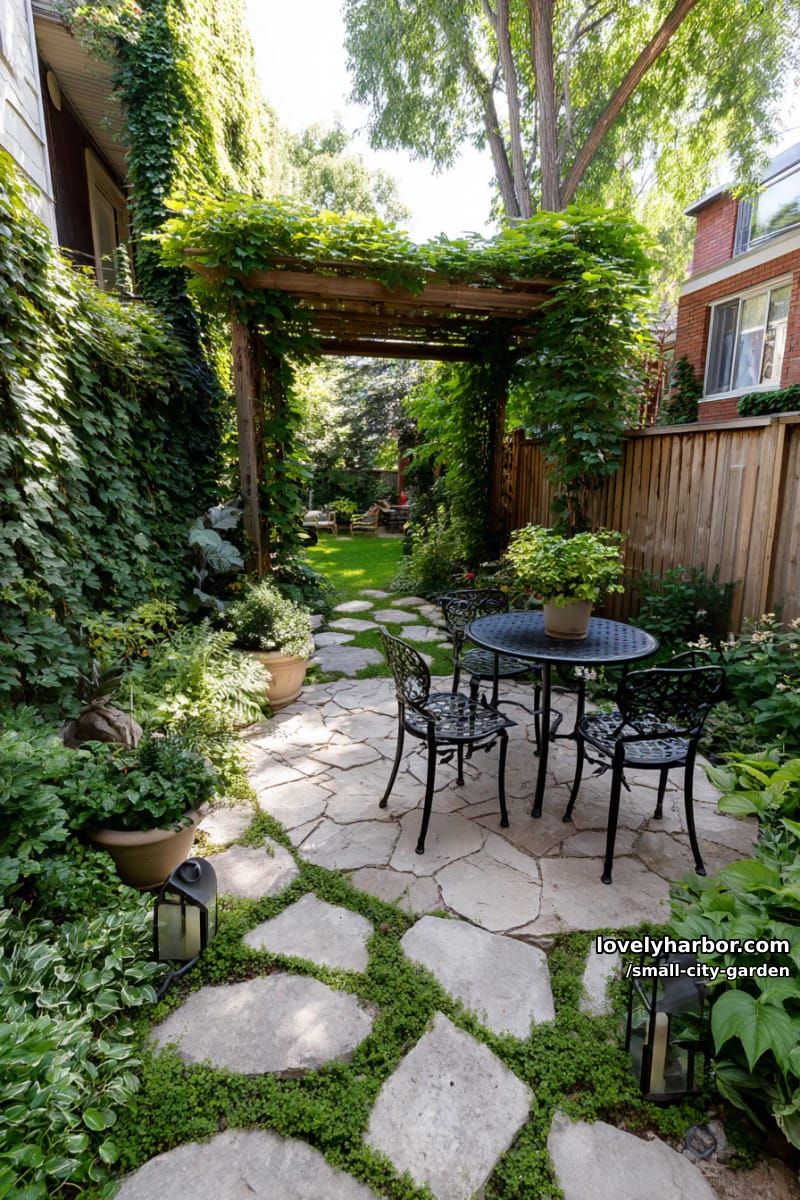 20 Small City Garden To Transform Your Space 4 cozy backyard garden with stone path, metal table, pergola, and dense foliage. 1