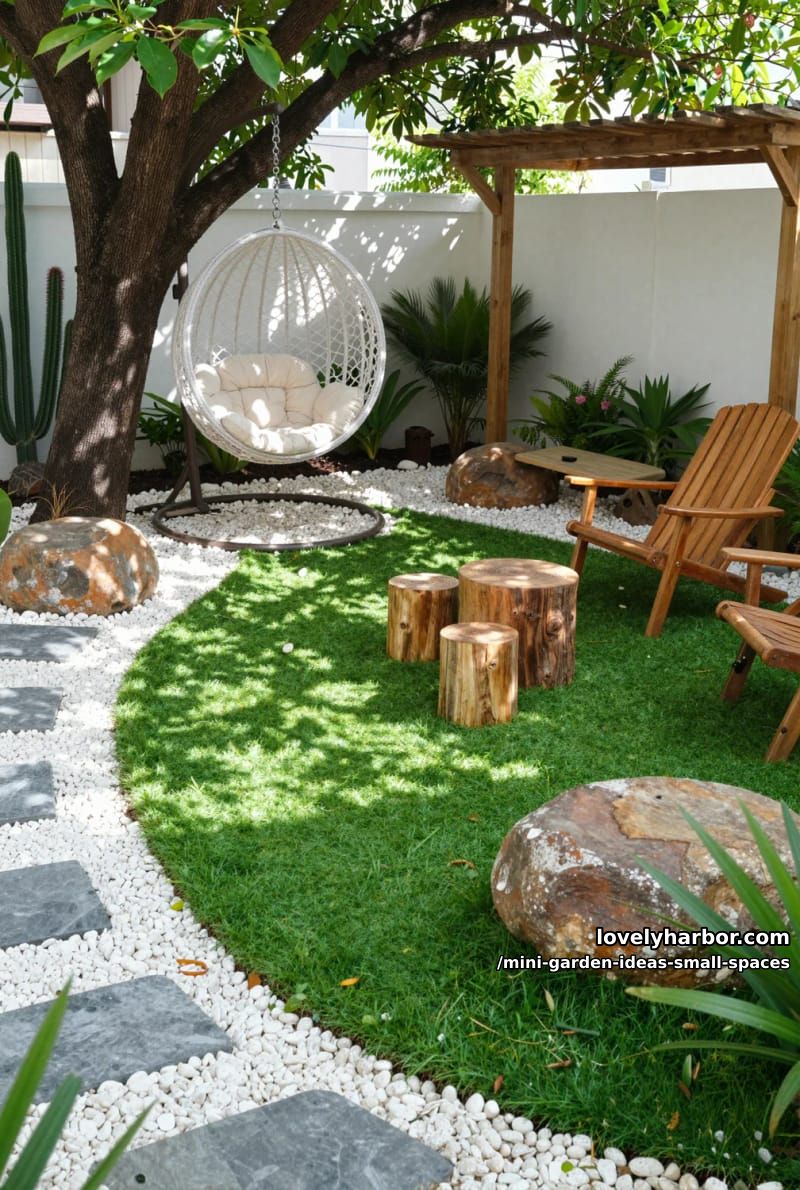 cozy backyard with artificial grass, tree swing, and wooden furniture. 1