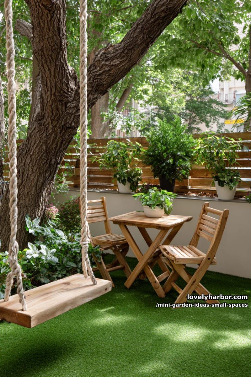 cozy backyard with artificial grass, tree swing, and wooden furniture. 1