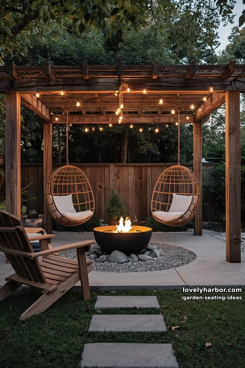 cozy backyard with pergola, string lights, rattan chairs, and fire pit 1