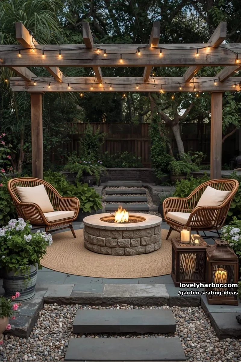cozy backyard with pergola, string lights, rattan chairs, and fire pit 1