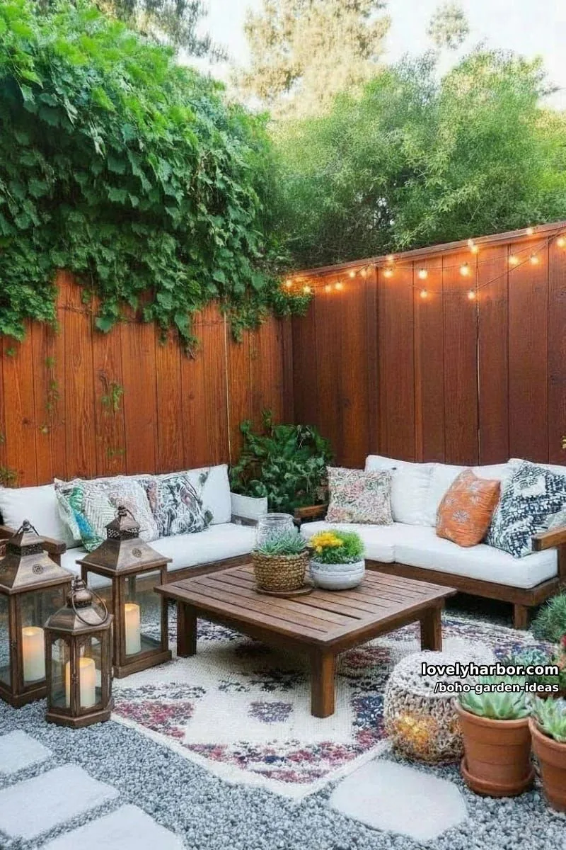 cozy backyard with wooden fence, rope lights, planters, and lanterns. 1