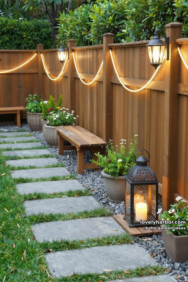 cozy backyard with wooden fence, rope lights, planters, and lanterns. 1