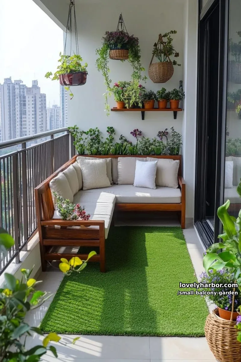 cozy balcony with abundant potted plants, wooden sofa, and artificial grass rug. 1