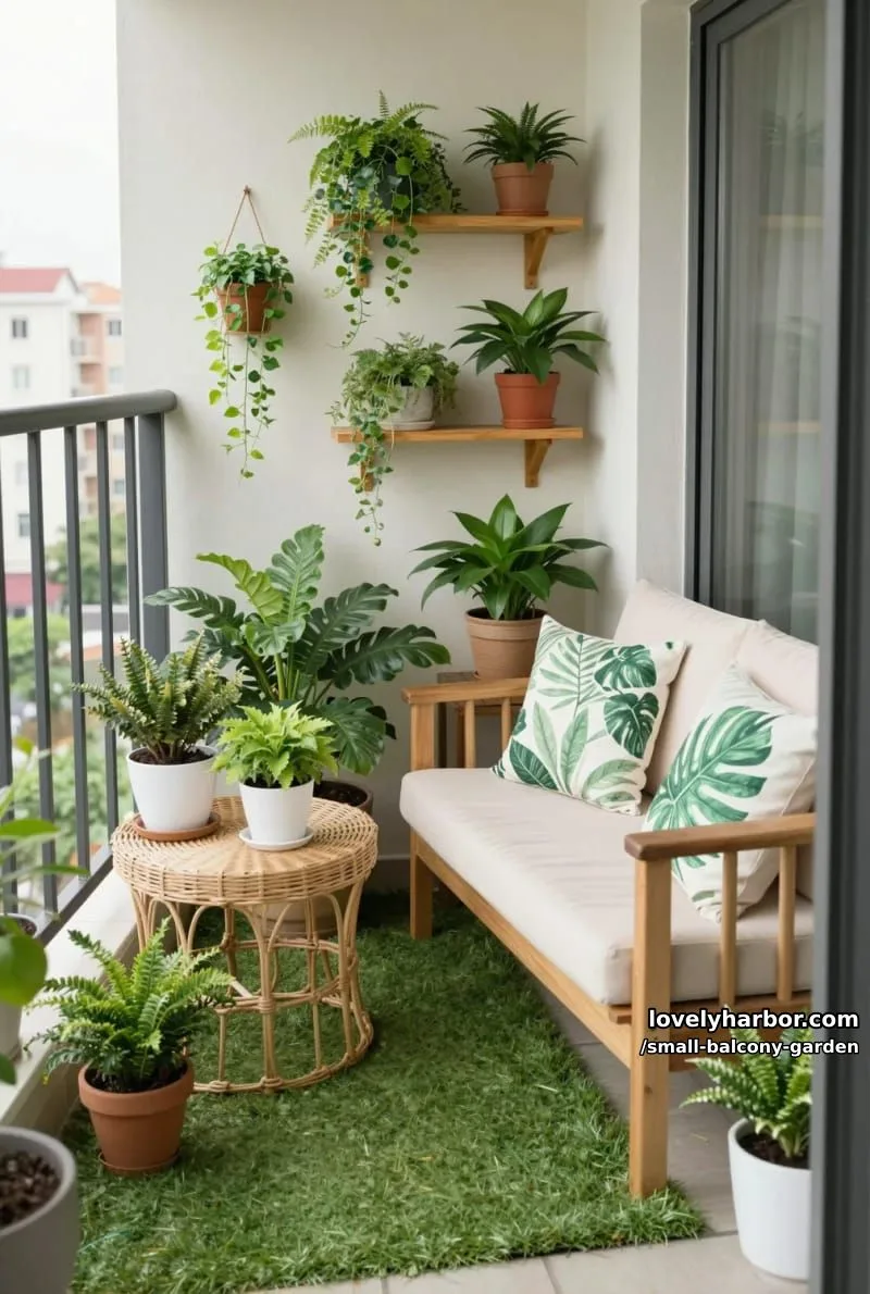 cozy balcony with abundant potted plants, wooden sofa, and artificial grass rug. 1