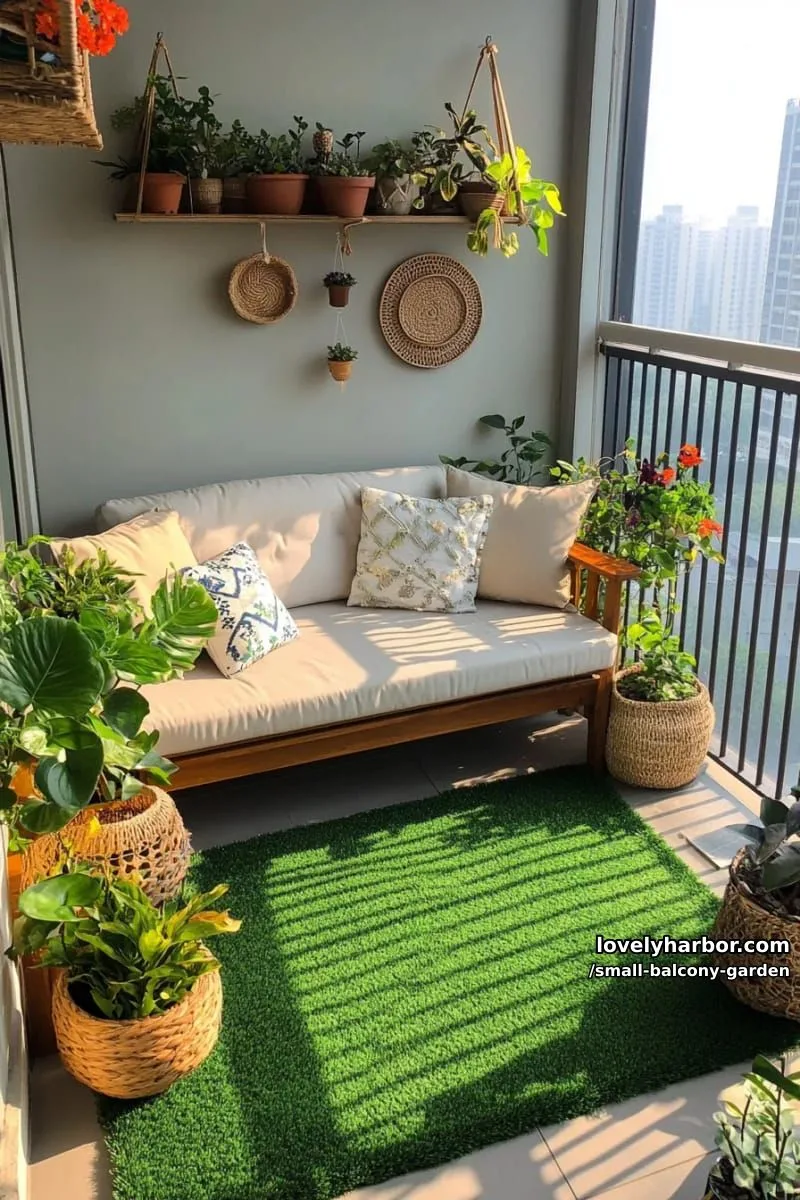 cozy balcony with abundant potted plants, wooden sofa, and artificial grass rug. 1