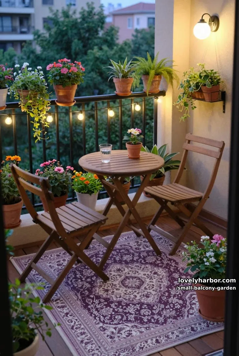 cozy balcony with string lights, wooden table, vibrant potted plants, and rug. 1
