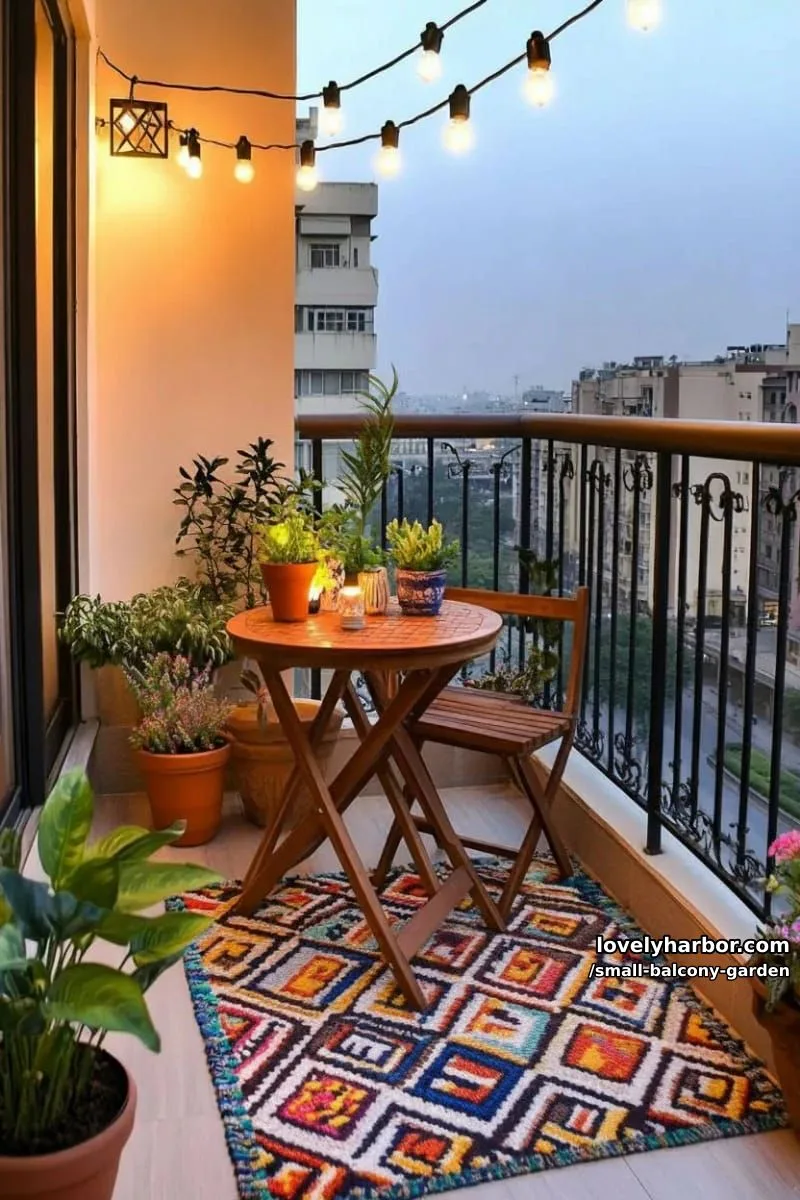 cozy balcony with string lights, wooden table, vibrant potted plants, and rug. 1