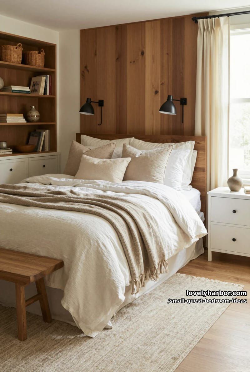 cozy bedroom with built-in shelving, layered blankets, and rustic-modern mix. 1