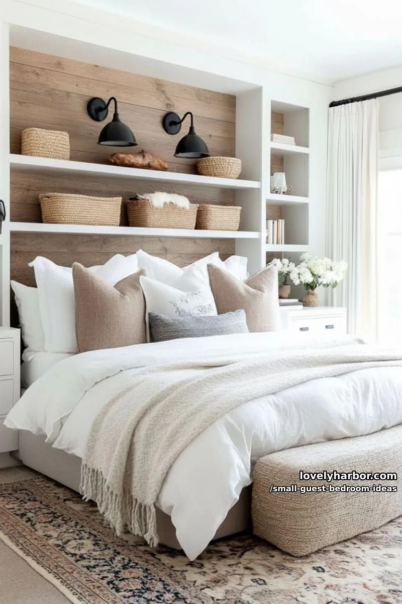 cozy bedroom with built-in shelving, layered blankets, and rustic-modern mix. 1