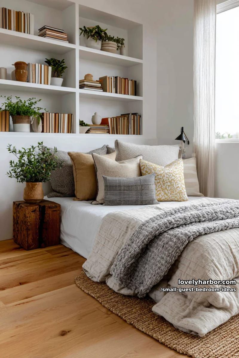 cozy bedroom with built-in shelving, layered blankets, and rustic-modern mix. 1