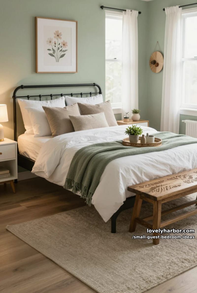 cozy bedroom with green accent wall, black metal bed, and wooden bench. 1