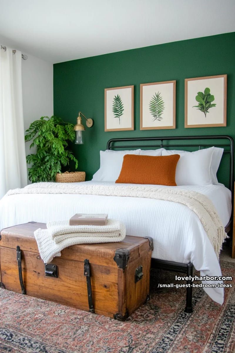 cozy bedroom with green accent wall, black metal bed, and wooden bench. 1