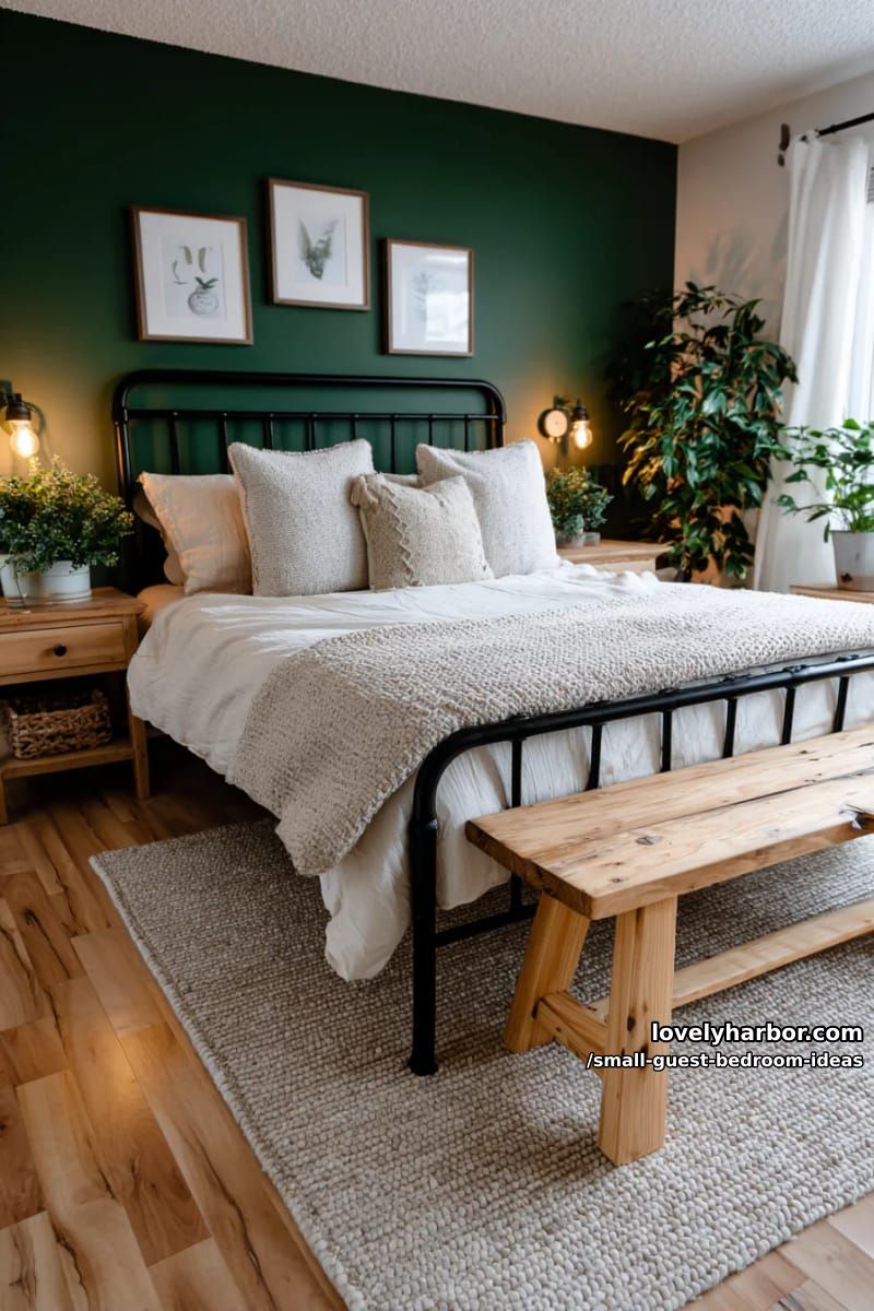 cozy bedroom with green accent wall, black metal bed, and wooden bench. 1