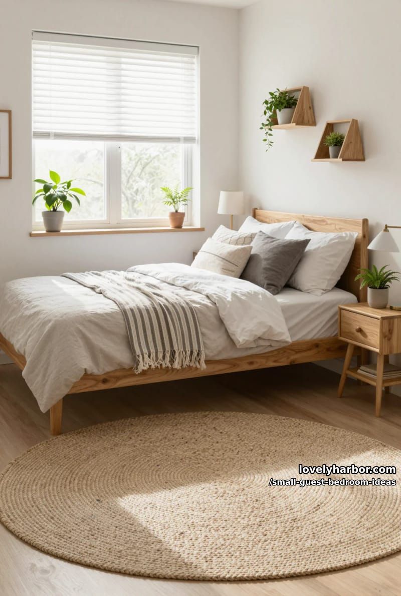 cozy bedroom with large window, wooden bed, and potted plants. 1