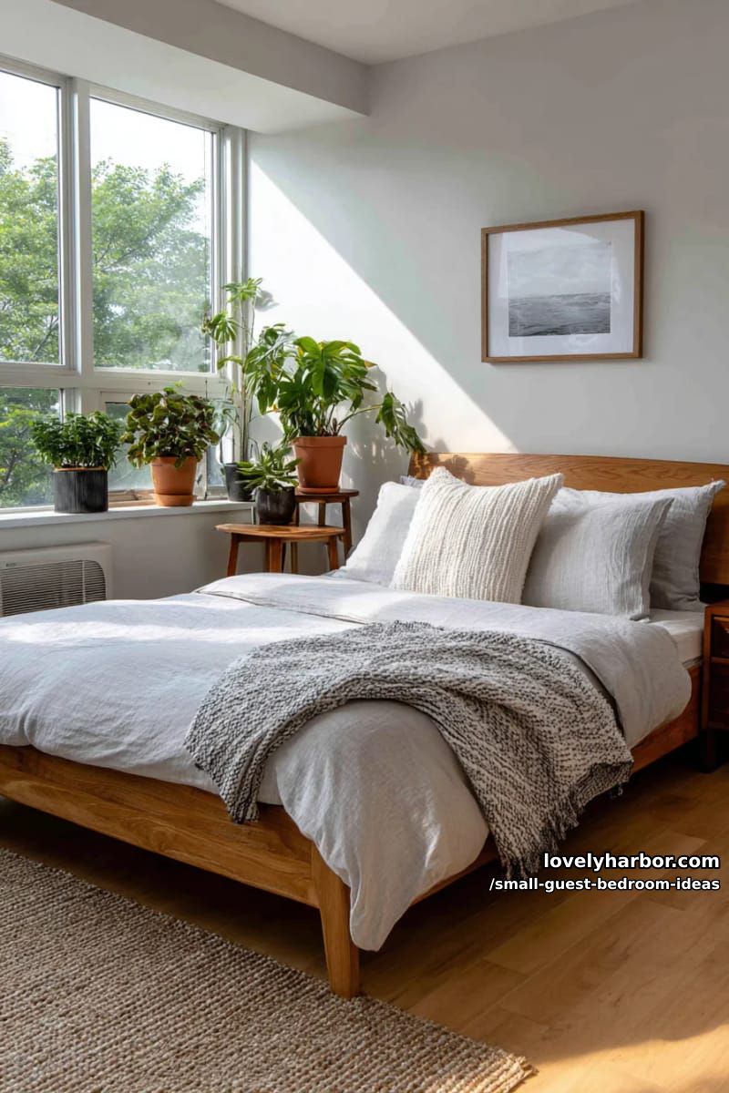 cozy bedroom with large window, wooden bed, and potted plants. 1