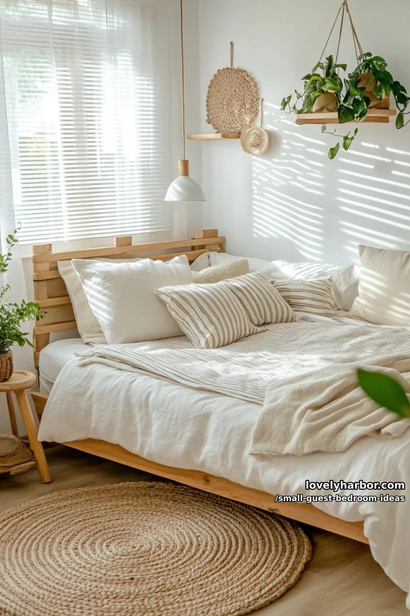 cozy bedroom with large window, wooden bed, and potted plants. 1