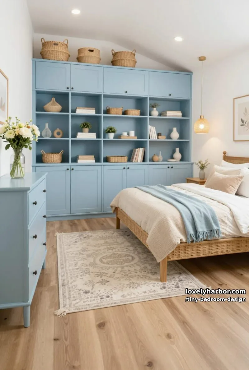 cozy bedroom with light blue cabinetry, wooden bed, and sloped ceiling. 1
