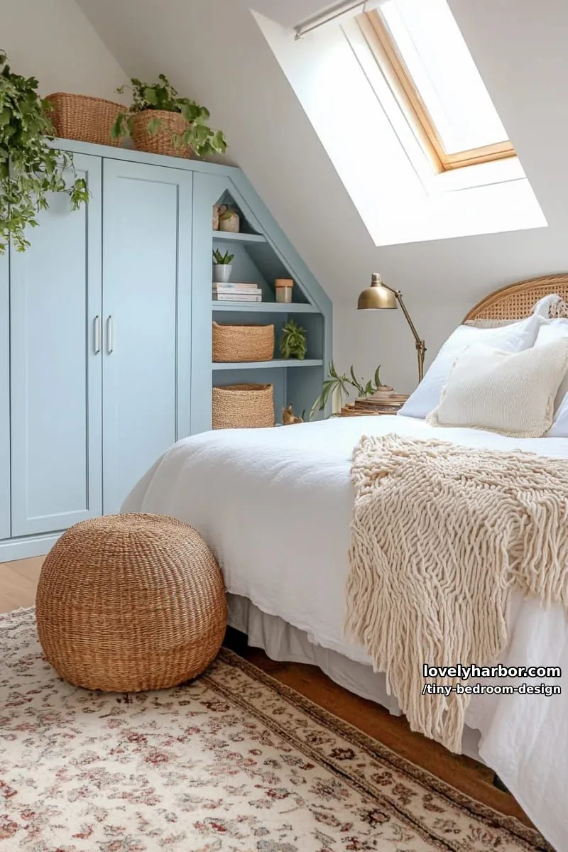 cozy bedroom with light blue cabinetry, wooden bed, and sloped ceiling. 1