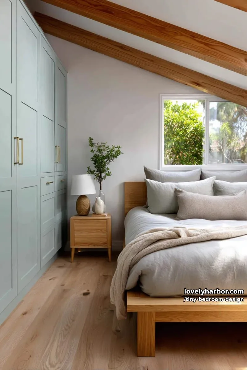 cozy bedroom with light blue cabinetry, wooden bed, and sloped ceiling. 1