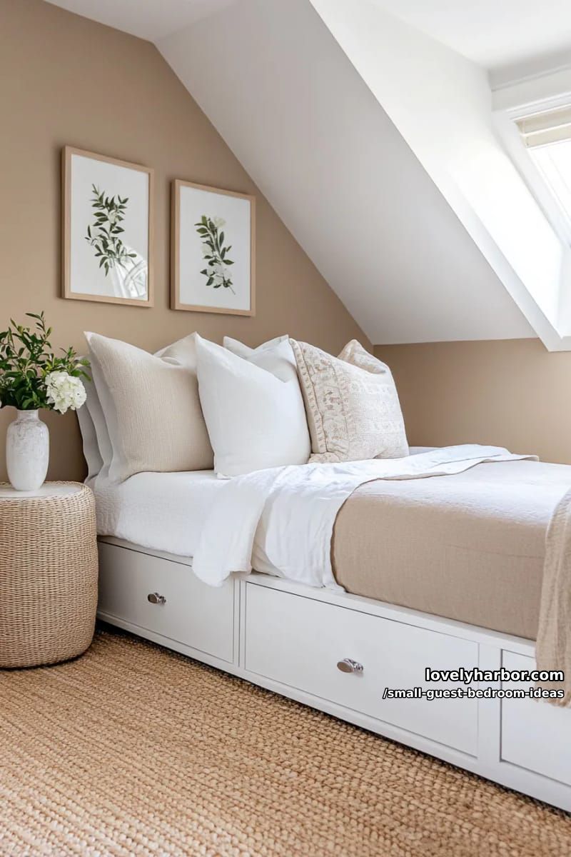 cozy bedroom with sloped ceiling, taupe walls, and white daybed storage. 1