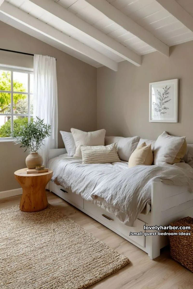 cozy bedroom with sloped ceiling, taupe walls, and white daybed storage. 1
