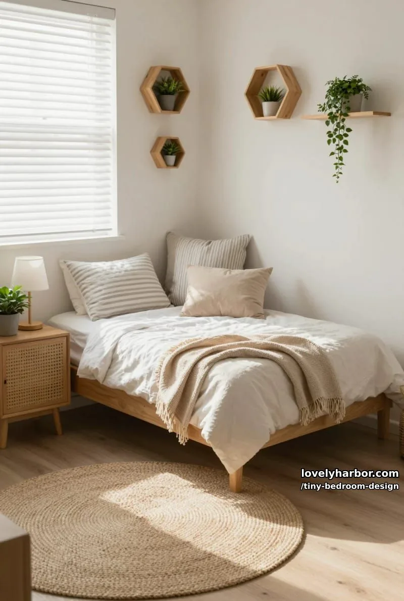 cozy bedroom with window bed, woven rug, and hexagonal plant shelves. 1