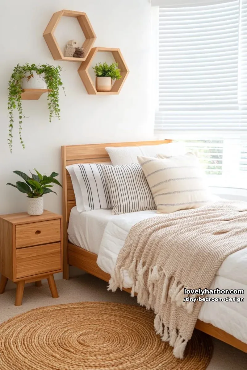 cozy bedroom with window bed, woven rug, and hexagonal plant shelves. 1