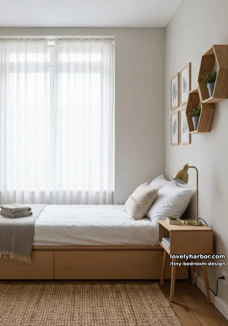 cozy bedroom with window bed, woven rug, and hexagonal plant shelves. 1