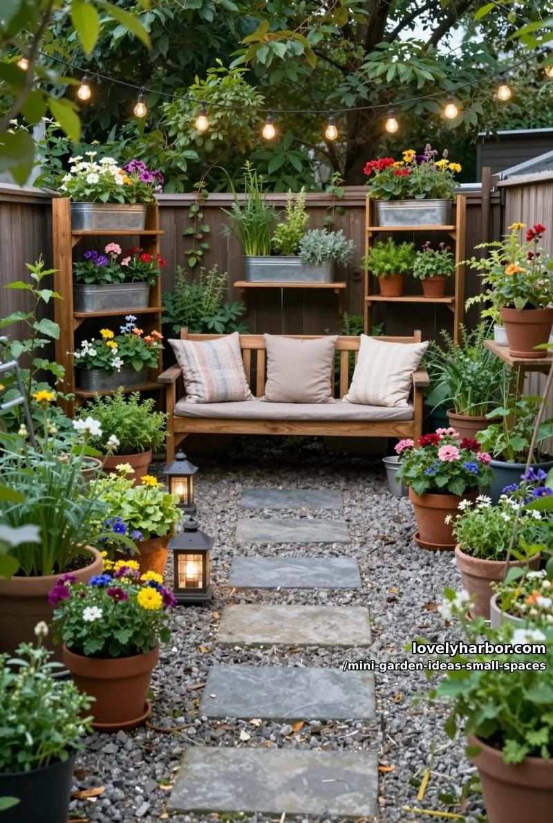 20 Mini Garden Ideas For Small Spaces 38 cozy bench garden with vertical shelves, string lights, and potted flowers. 1