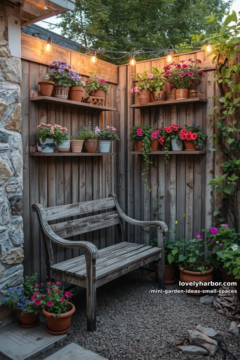 20 Mini Garden Ideas For Small Spaces 39 cozy bench garden with vertical shelves, string lights, and potted flowers. 1