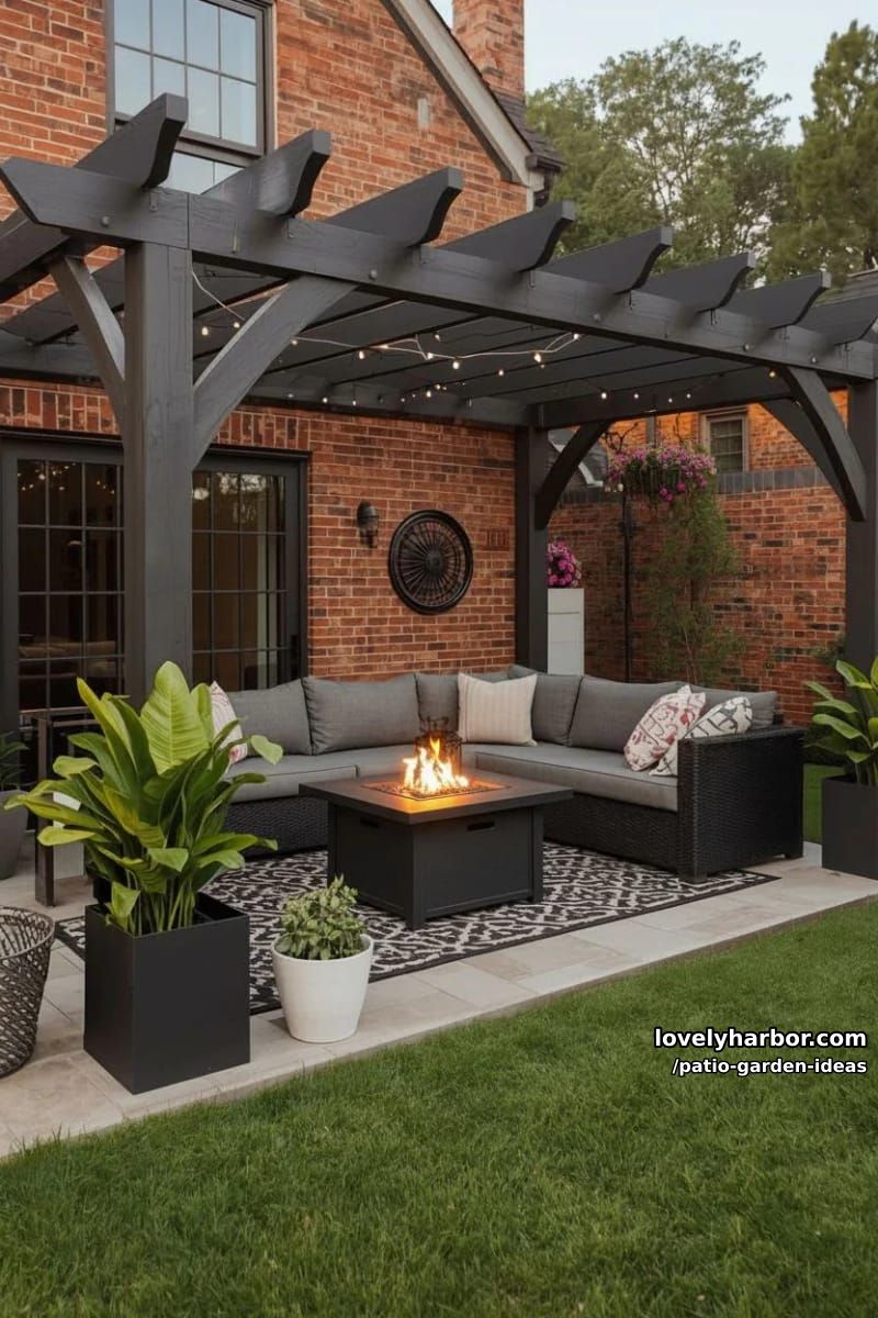 cozy brick patio with pergola, string lights, sectional sofa, and fire pit. 1