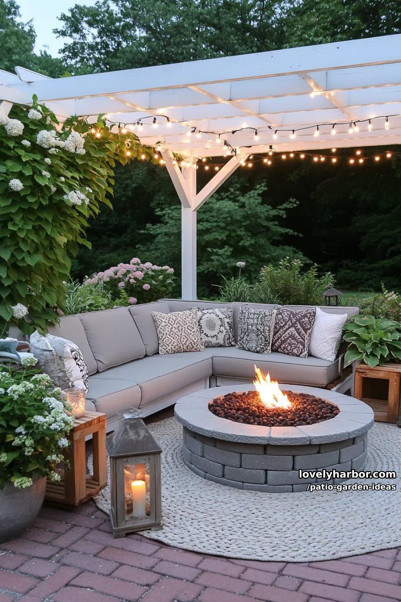 cozy brick patio with pergola, string lights, sectional sofa, and fire pit. 1