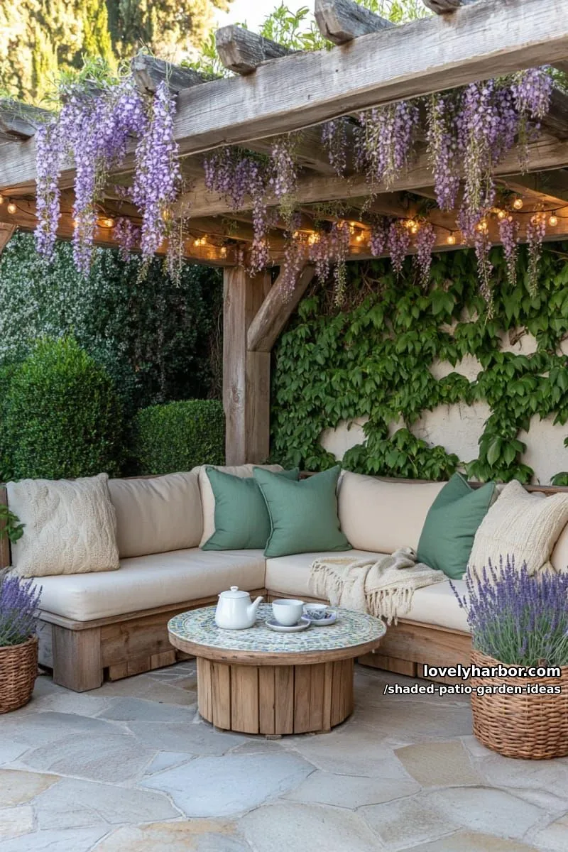 15 Dreamy Shaded Patio Garden Ideas to Inspire Your Backyard 5 cozy corner bench under a wisteria-draped pergola with fairy lights 1