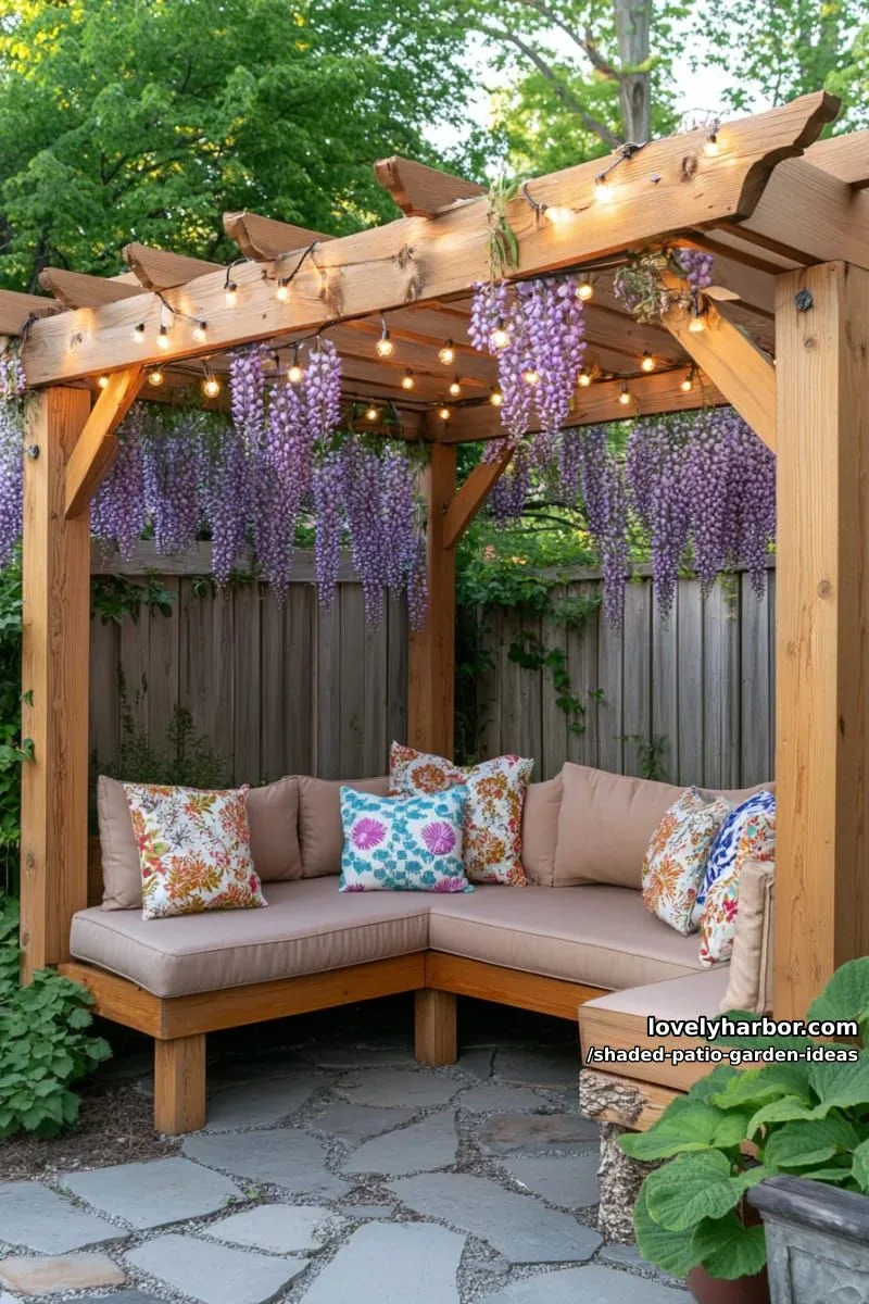 15 Dreamy Shaded Patio Garden Ideas to Inspire Your Backyard 6 cozy corner bench under a wisteria-draped pergola with fairy lights 1